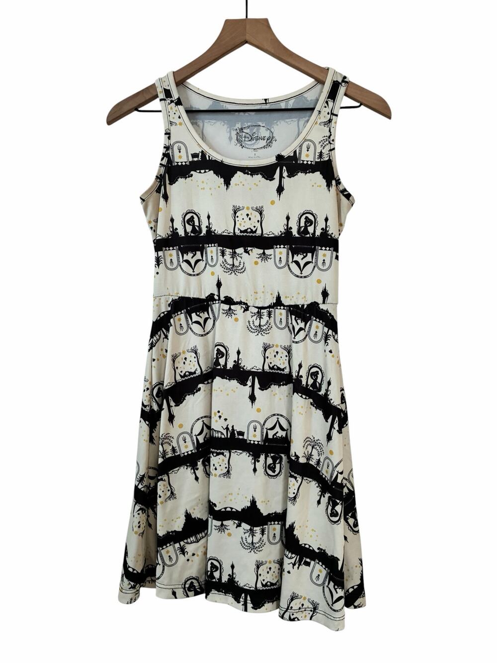 Disney Tangled Princess Rapunzel Silhouette Black Cream Skater Dress Size Small